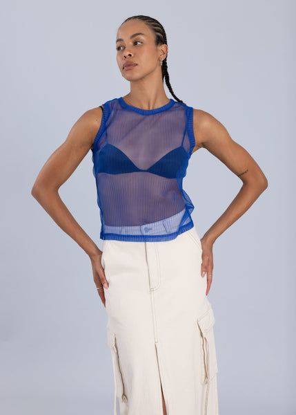 Mesh Pleated Tank Top Blue